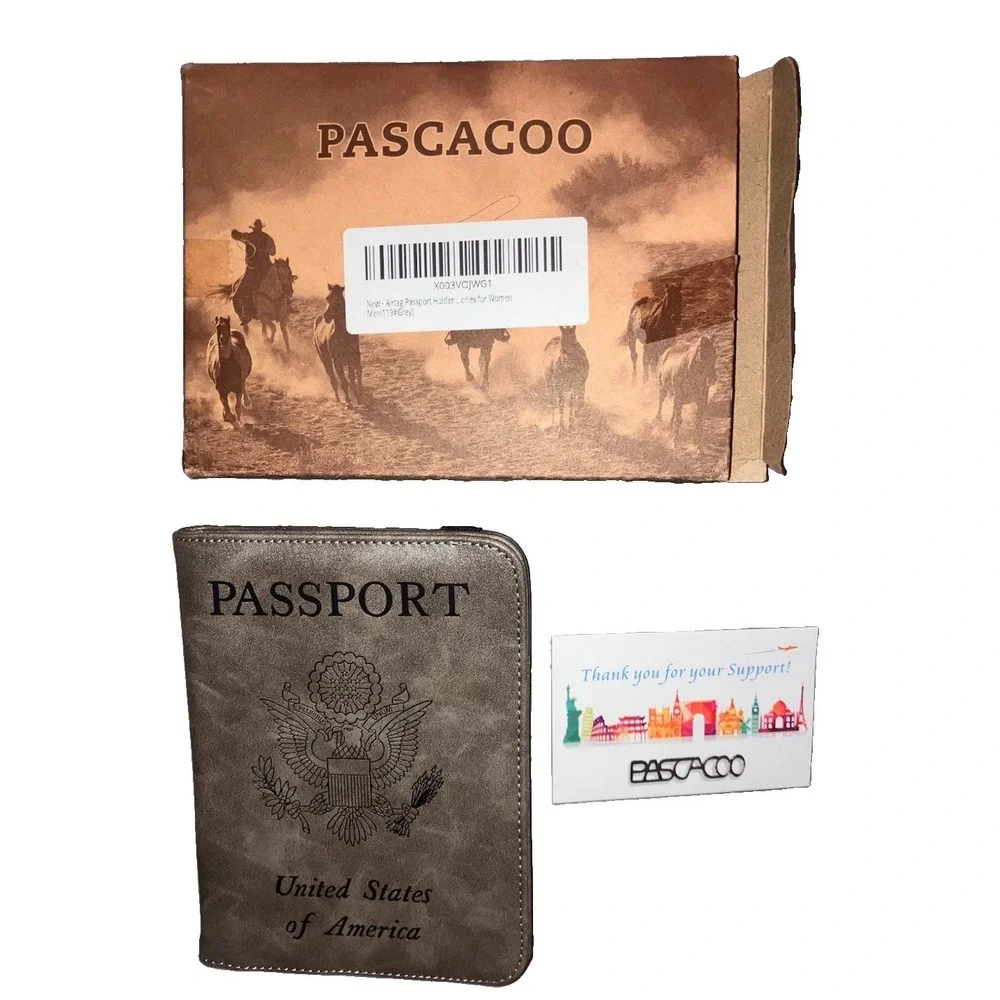 Pascacoo Airtag Passport Holder Cover Wallet Travel RFID 119#Gray NIB
